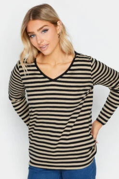 M&Co Beige Brown Stripe V-Neck Cotton Long Sleeve T-Shirt