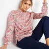 M&Co Pink Floral Print Frill Neck Blouse