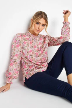 M&Co Pink Floral Print Frill Neck Blouse