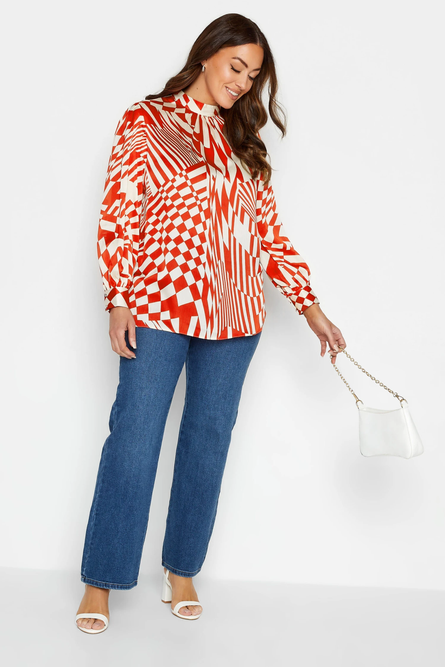 M&Co Red & White Abstract Print High Neck Satin Blouse 3 M&Co Red & White Abstract Print High Neck Satin Blouse - Image 3