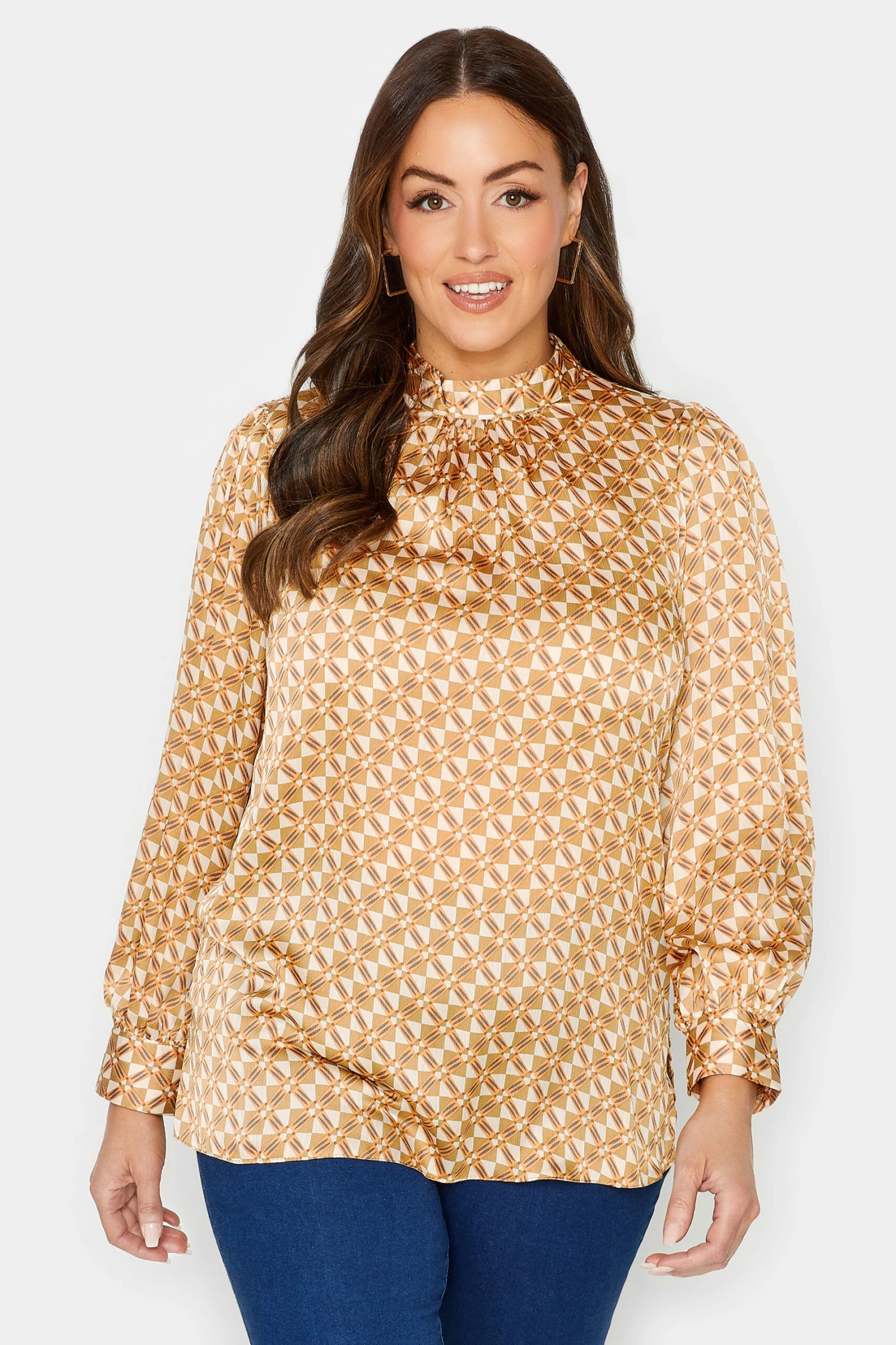 M&Co Orange Geometric Print High Neck Satin Blouse 1 M&Co Orange Geometric Print High Neck Satin Blouse