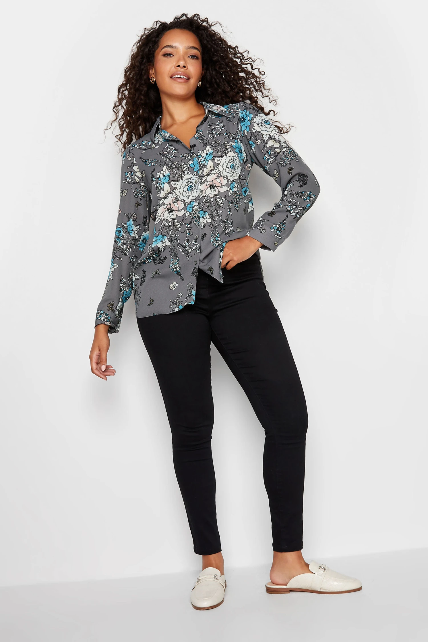 M&Co Grey Floral Print Tie Shirt 2 M&Co Grey Floral Print Tie Shirt - Image 2