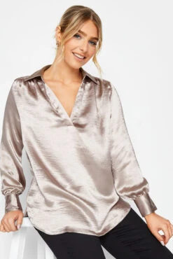 M&Co Pink Satin V-Neck Blouse