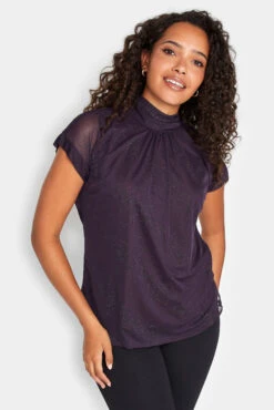 M&Co Dark Purple Tie Neck Blouse