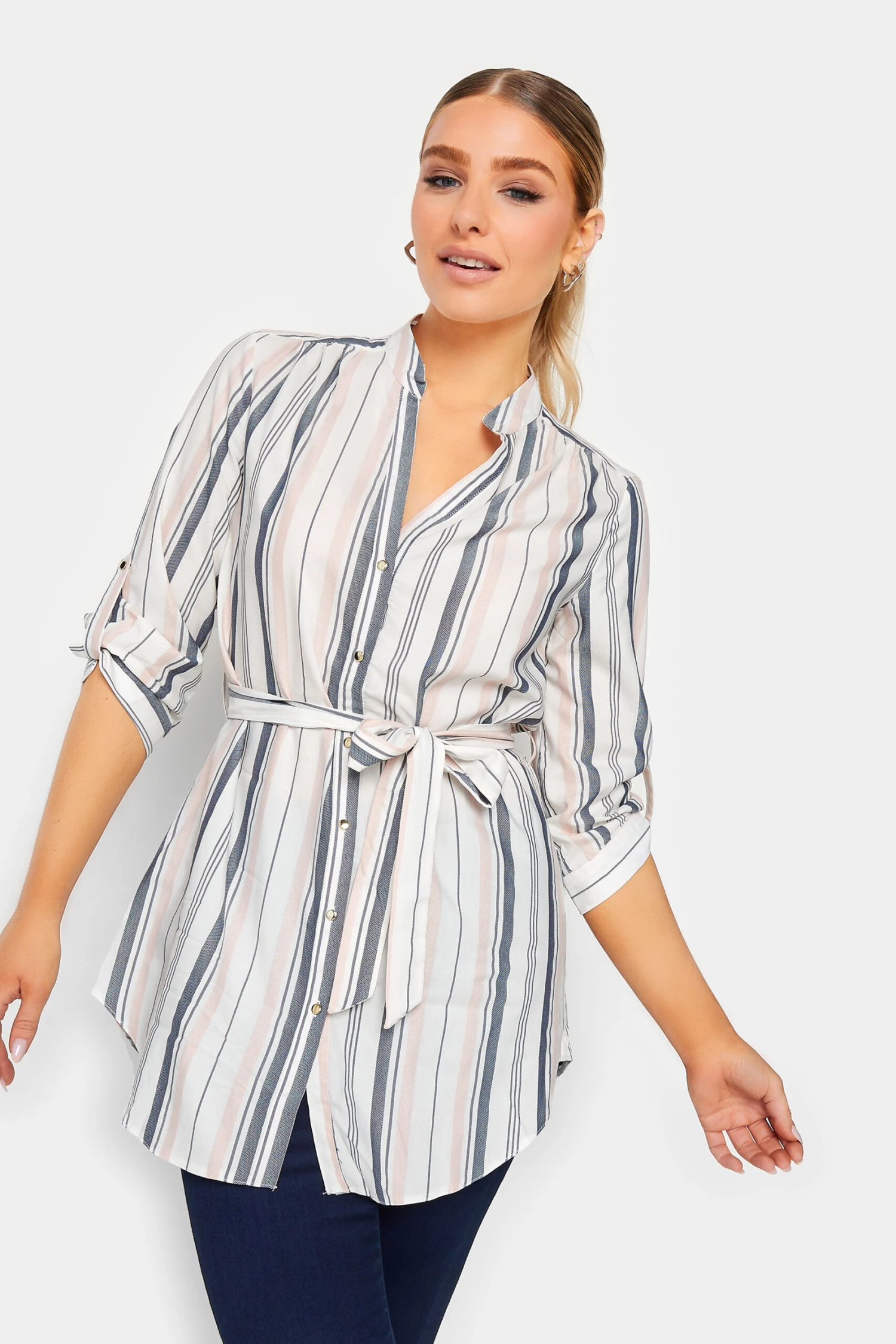 M&Co White Stripe Tie Waist Blouse 1 M&Co White Stripe Tie Waist Blouse