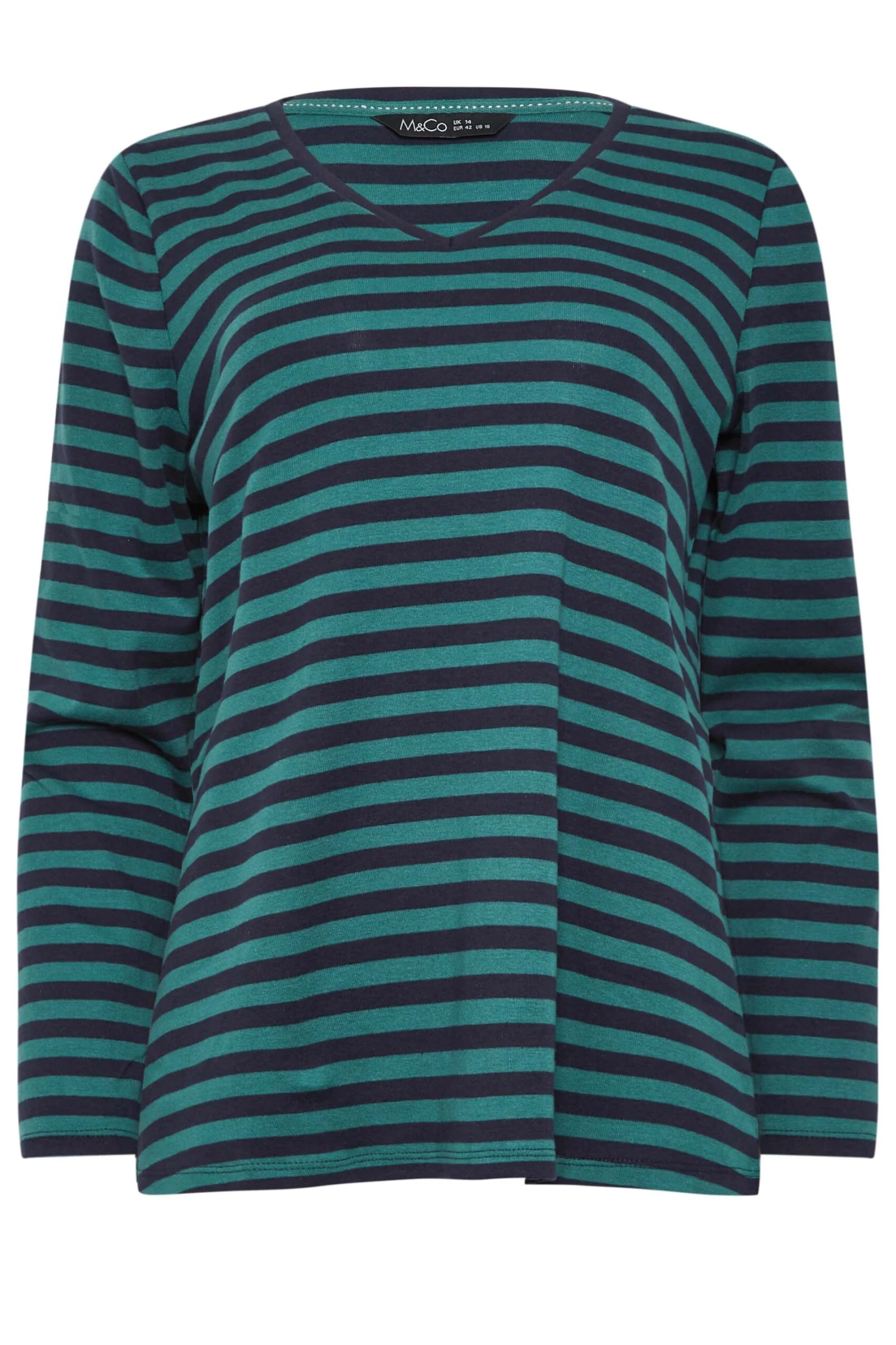 M&Co Teal Blue Stripe V-Neck Long Sleeve Cotton T-Shirt 6 M&Co Teal Blue Stripe V-Neck Long Sleeve Cotton T-Shirt - Image 6