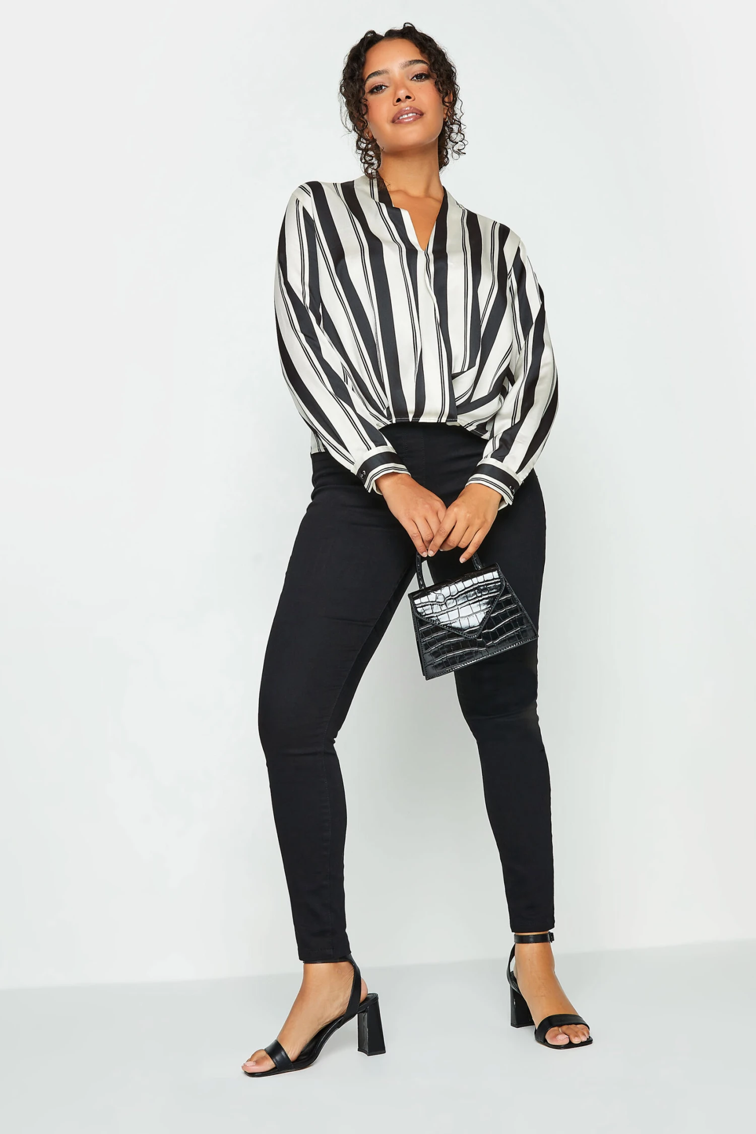 M&Co Black Stripe Print Wrap Front Blouse 2 M&Co Black Stripe Print Wrap Front Blouse - Image 2