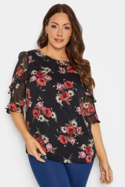 M&Co Black & Red Floral Double Frill Sleeve Blouse