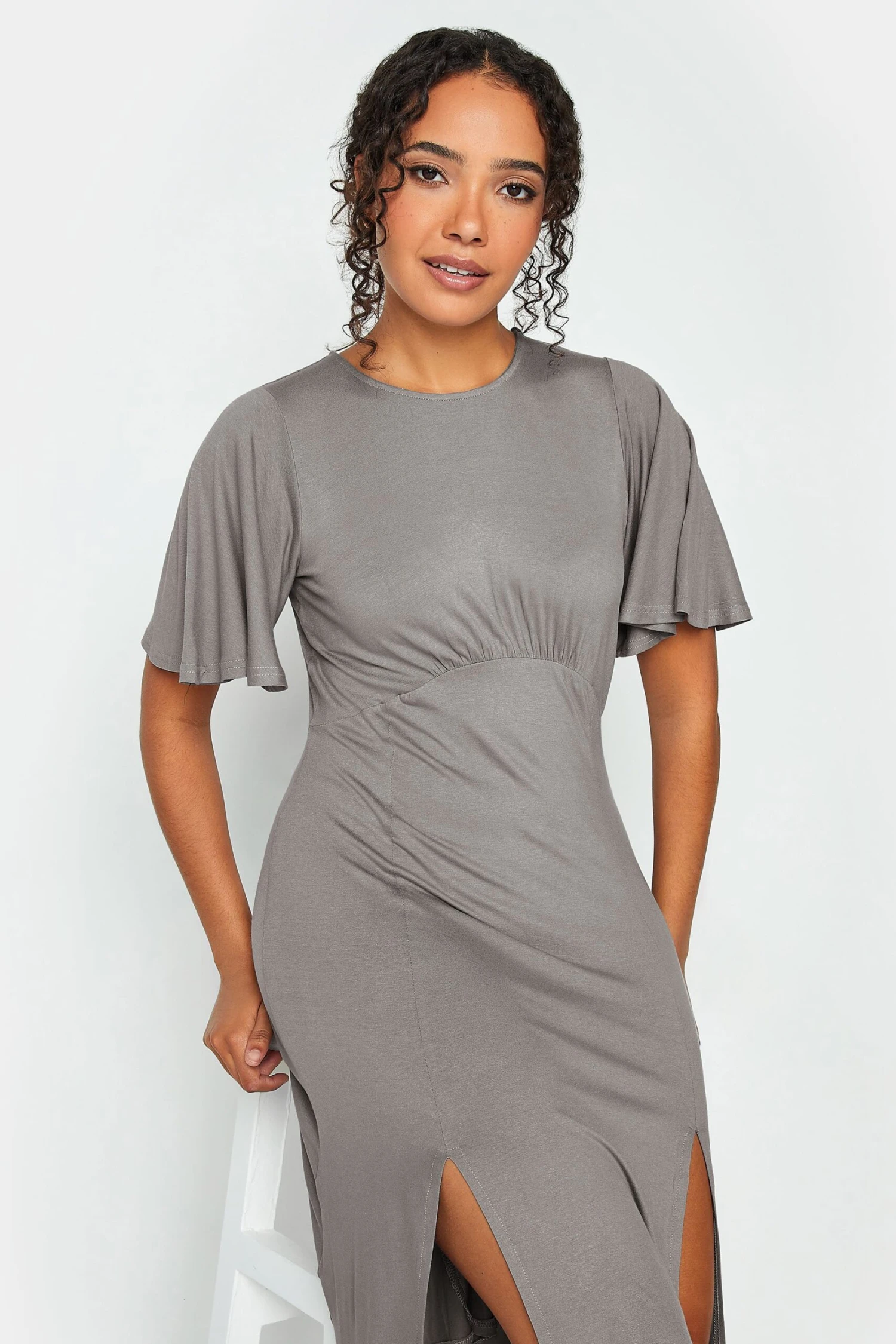 M&Co Grey Angel Sleeve Split Hem Midi Dress 4 M&Co Grey Angel Sleeve Split Hem Midi Dress - Image 4