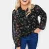 M&Co Navy Blue Floral Print Tie Neck Blouse