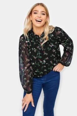 M&Co Sales Store 8 M&Co Navy Blue Floral Print Tie Neck Blouse