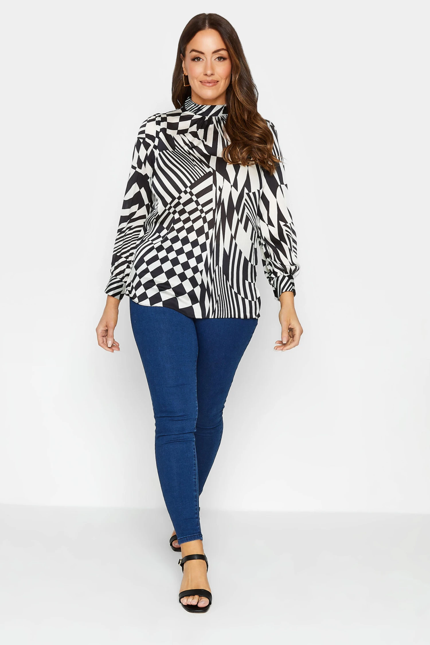 M&Co Black & White Abstract Print High Neck Satin Blouse 2 M&Co Black & White Abstract Print High Neck Satin Blouse - Image 2