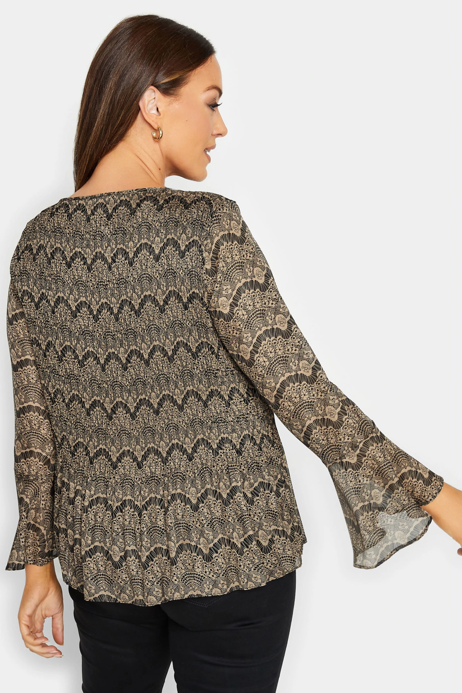 M&Co Brown Long Sleeve Lace Print Pleat Top 3 M&Co Brown Long Sleeve Lace Print Pleat Top - Image 3