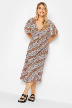 M&Co Orange Ditsy Floral Print Midi Button Through Tea Dress