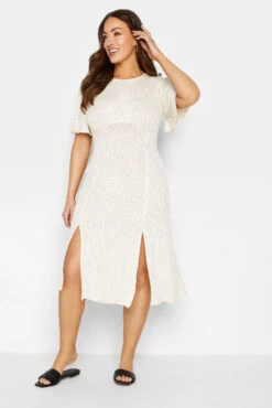 M&Co White Polka Dot Print Angel Sleeve Split Hem Midi Dress