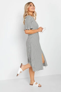M&Co White Stripe Print Angel Sleeve Split Hem Midi Dress