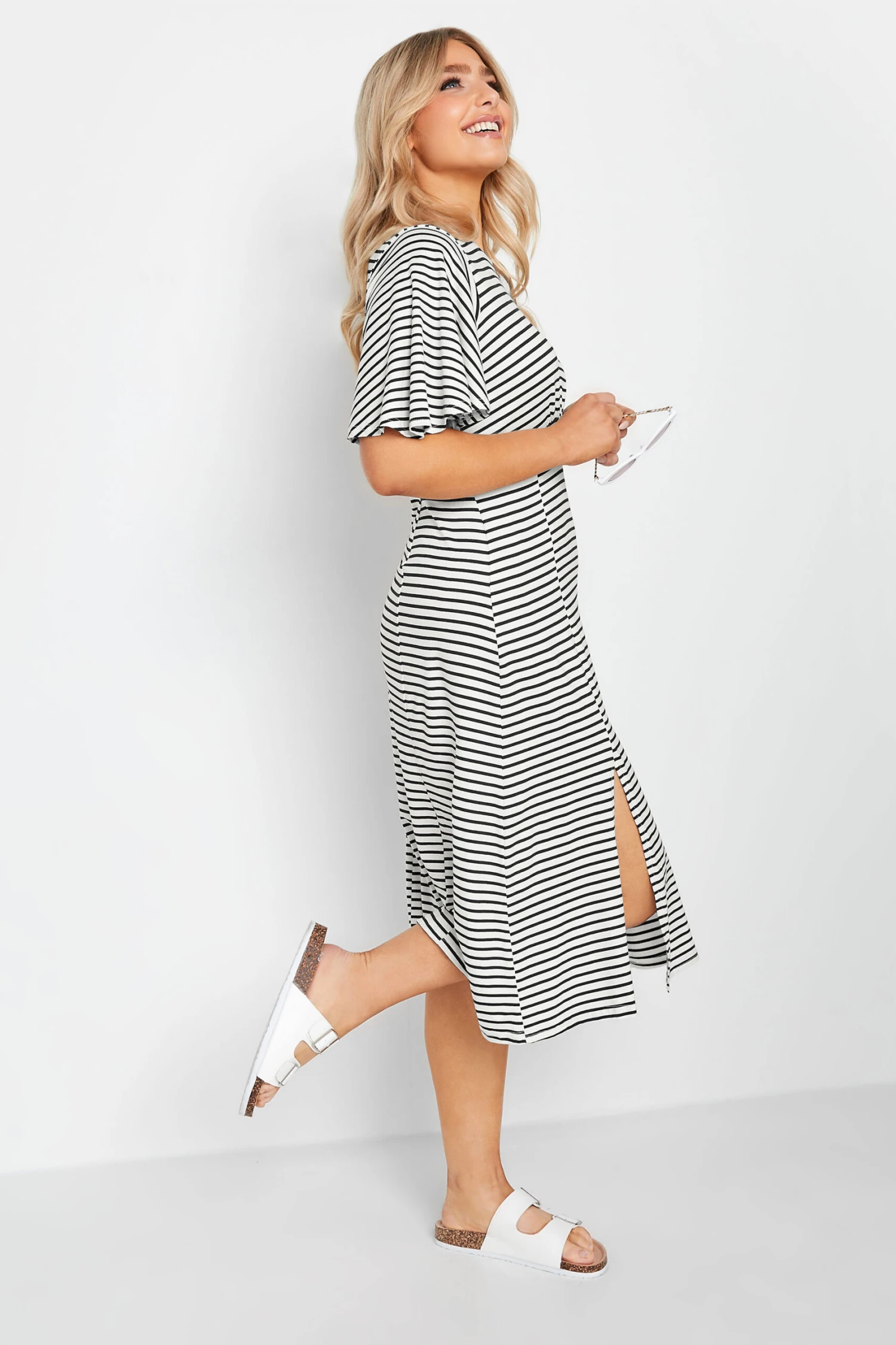 M&Co White Stripe Print Angel Sleeve Split Hem Midi Dress 1 M&Co White Stripe Print Angel Sleeve Split Hem Midi Dress