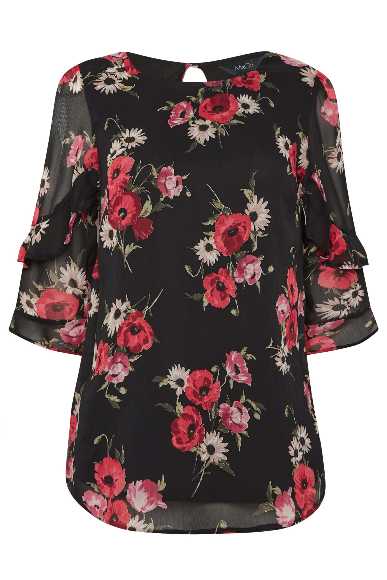 M&Co Black & Red Floral Double Frill Sleeve Blouse 7 M&Co Black & Red Floral Double Frill Sleeve Blouse - Image 7