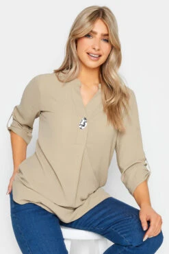 M&Co Beige Brown Long Sleeve Button Blouse