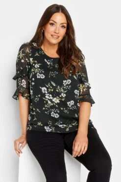 M&Co Black & White Floral Double Frill Sleeve Blouse