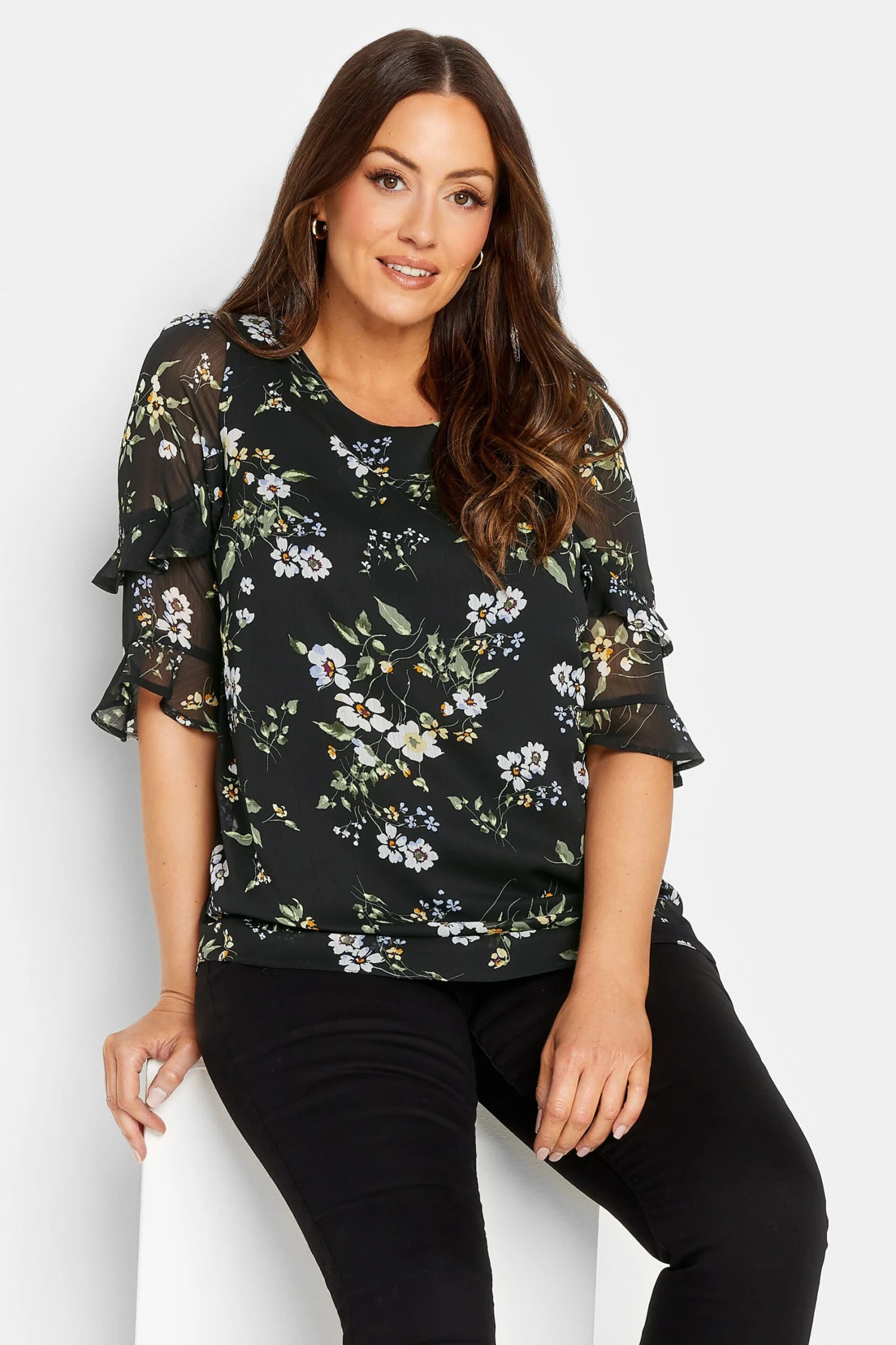 M&Co Black & White Floral Double Frill Sleeve Blouse 1 M&Co Black & White Floral Double Frill Sleeve Blouse