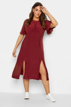M&Co Burgundy Red Angel Sleeve Split Hem Midi Dress