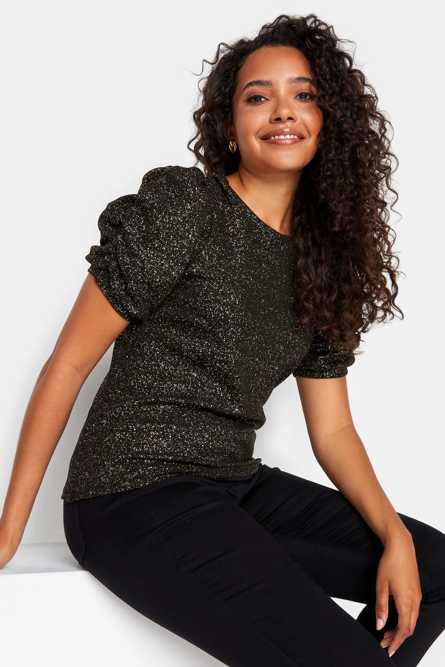 M&Co Black Shimmer Ruched Sleeve Blouse 1 M&Co Black Shimmer Ruched Sleeve Blouse