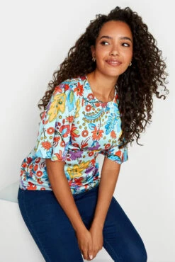 M&Co Light Blue Floral Tie Back Blouse