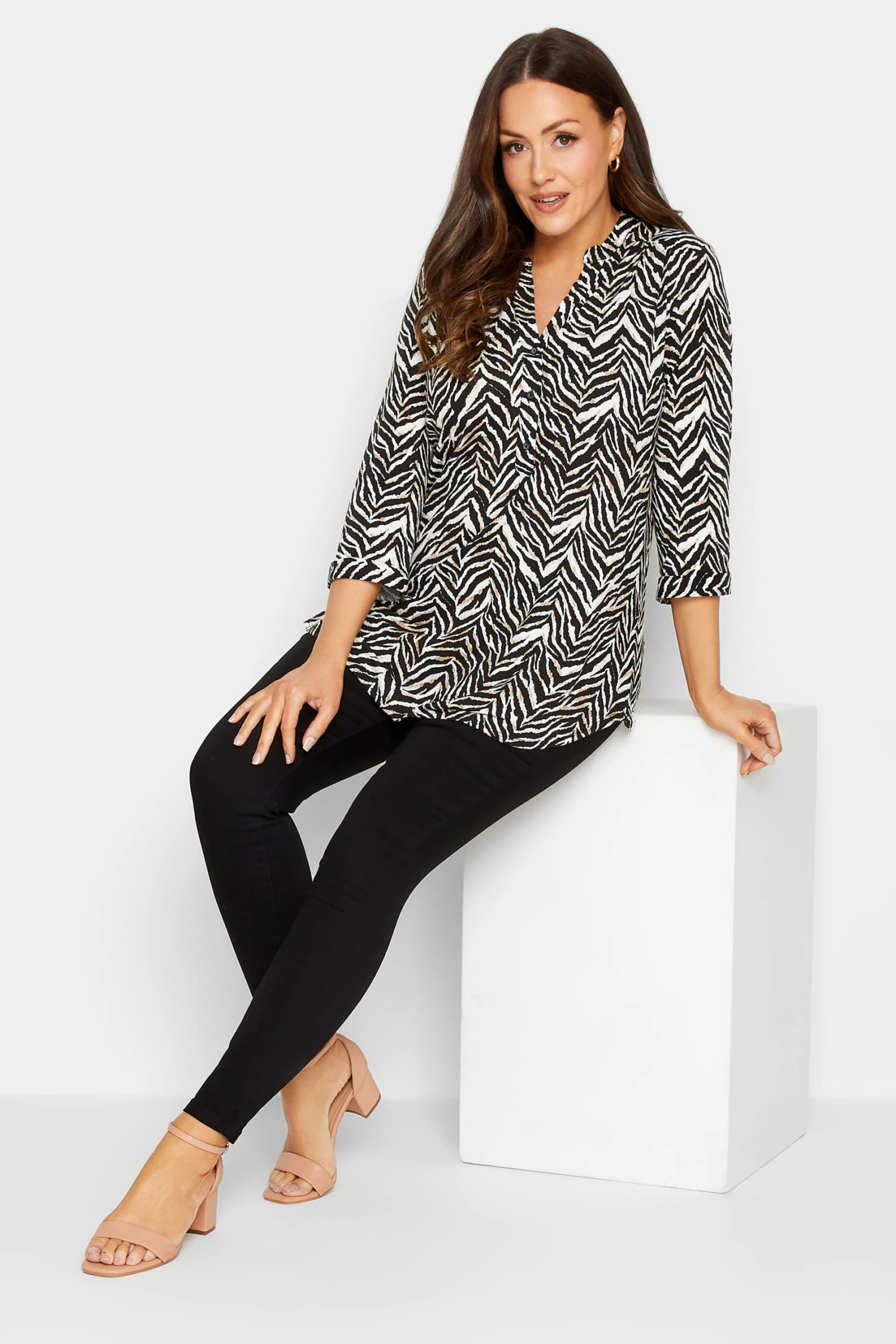 M&Co Black & Brown Animal Print Half Placket Jersey Shirt 2 M&Co Black & Brown Animal Print Half Placket Jersey Shirt - Image 2