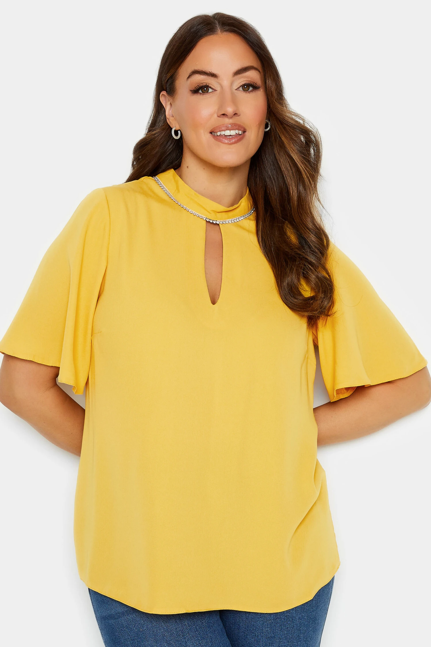 M&Co Yellow Embellished Neck Keyhole Blouse 1 M&Co Yellow Embellished Neck Keyhole Blouse