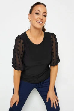 M&Co Black Dobby Sleeve Blouse