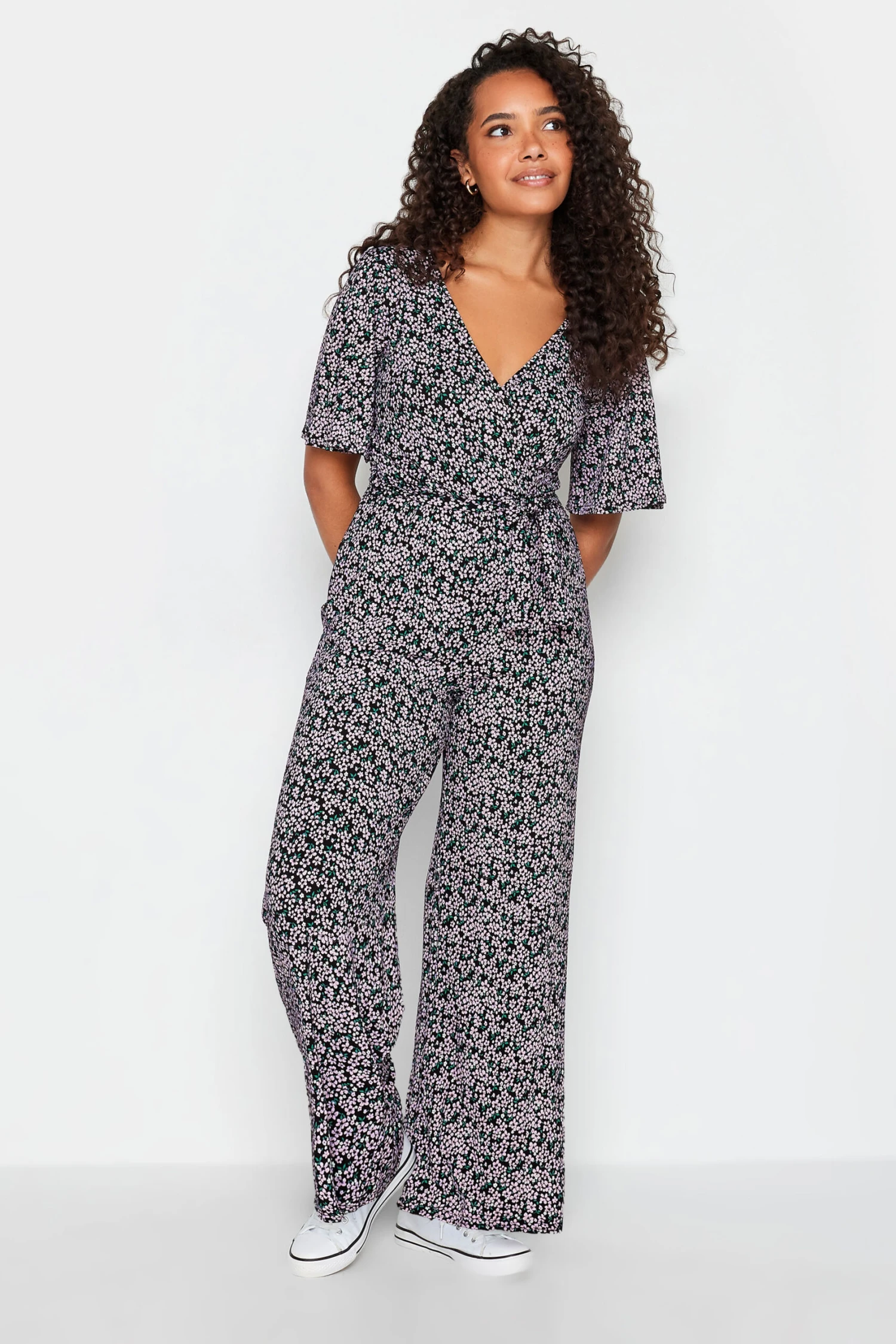 M&Co Black Ditsy Print Wrap Wide Leg Jumpsuit 2 M&Co Black Ditsy Print Wrap Wide Leg Jumpsuit - Image 2