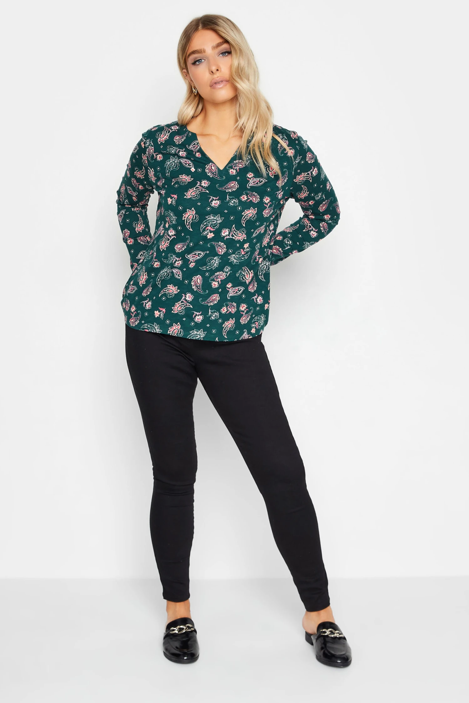 M&Co Teal Green Paisley Print Notch Neck Cotton T-Shirt 2 M&Co Teal Green Paisley Print Notch Neck Cotton T-Shirt - Image 2