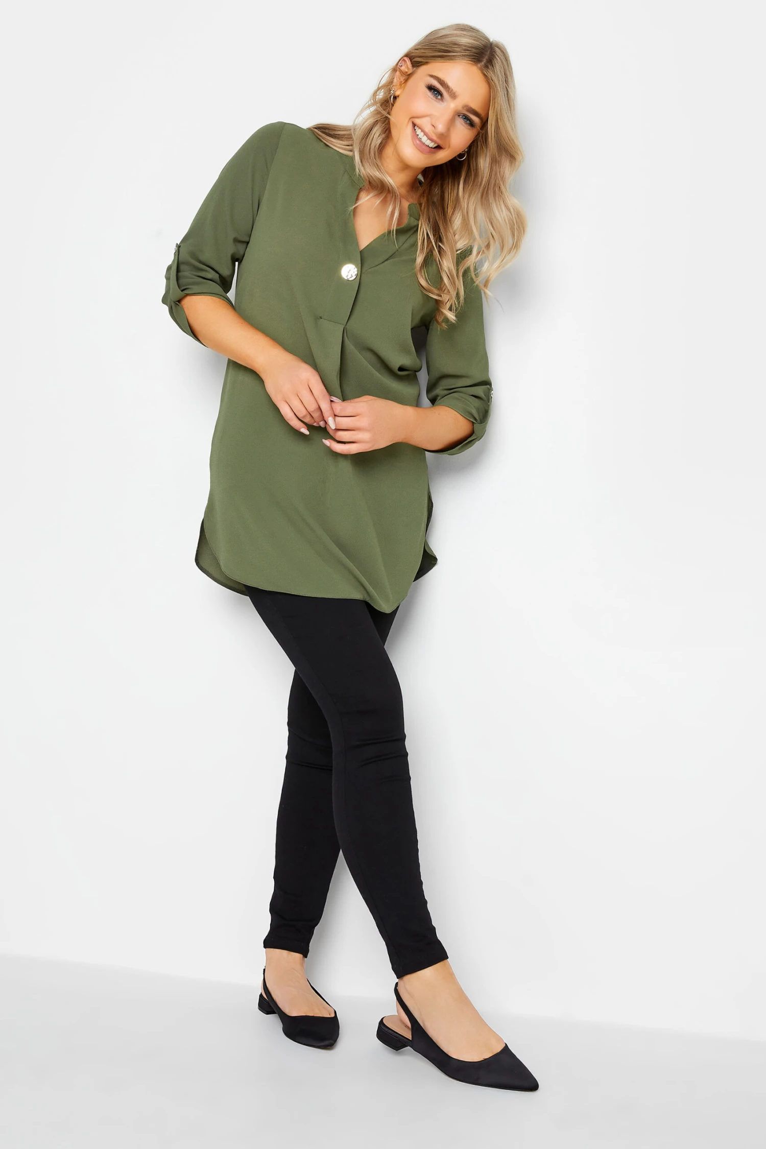 M&Co Green Statement Button Tab Sleeve Shirt 2 M&Co Green Statement Button Tab Sleeve Shirt - Image 2