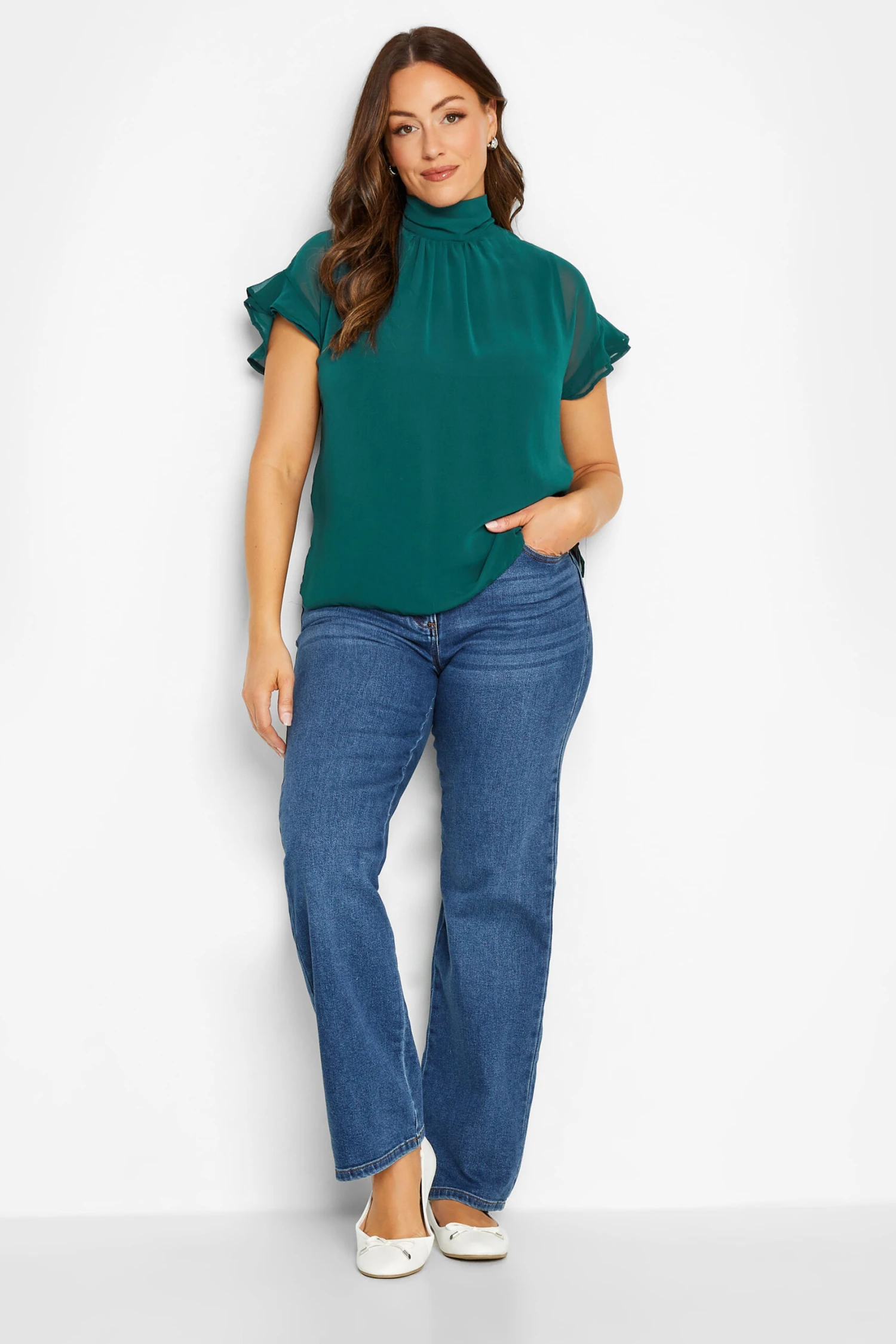 M&Co Green High Neck Frill Sleeve Blouse 2 M&Co Green High Neck Frill Sleeve Blouse - Image 2
