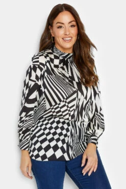 M&Co Black & White Abstract Print High Neck Satin Blouse