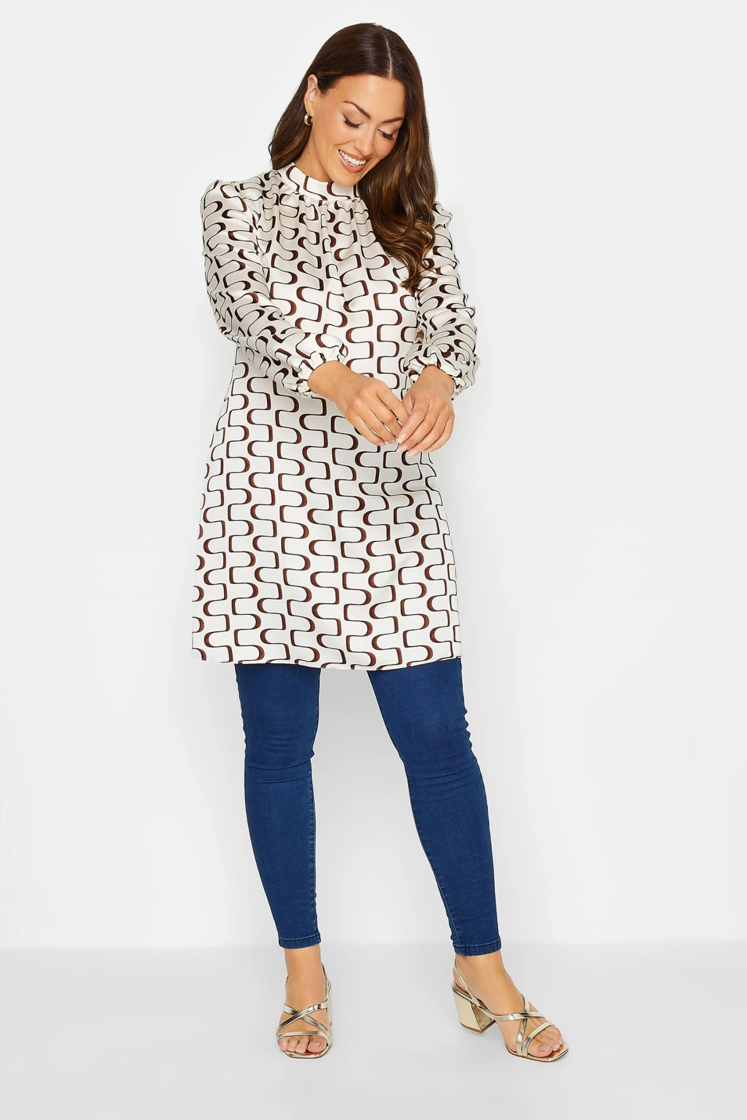 M&Co White Ivory Geometric Print High Neck Tunic Blouse 2 M&Co White Ivory Geometric Print High Neck Tunic Blouse - Image 2