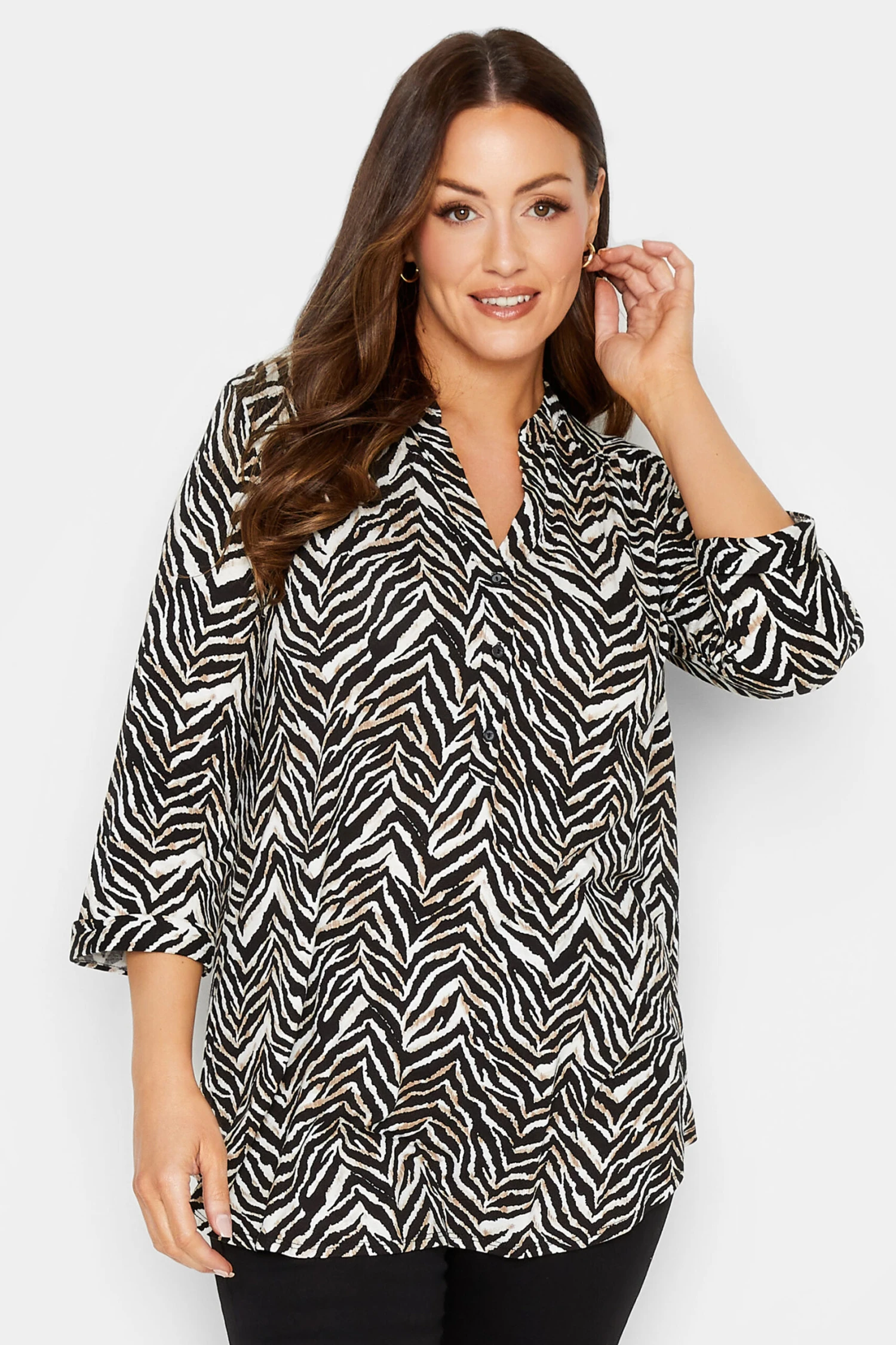 M&Co Black & Brown Animal Print Half Placket Jersey Shirt 1 M&Co Black & Brown Animal Print Half Placket Jersey Shirt