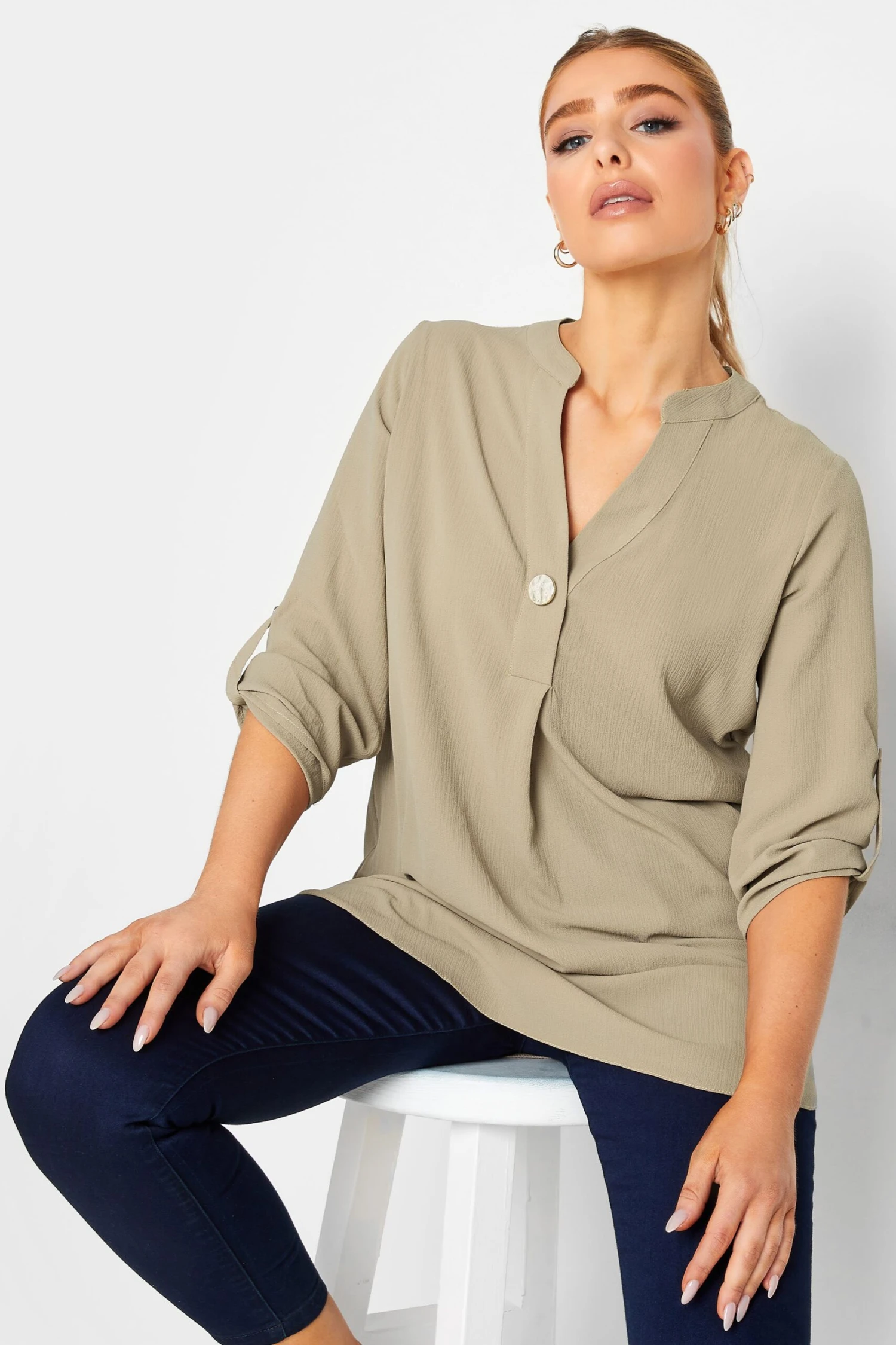 M&Co Brown Statement Button Tab Sleeve Shirt 1 M&Co Brown Statement Button Tab Sleeve Shirt