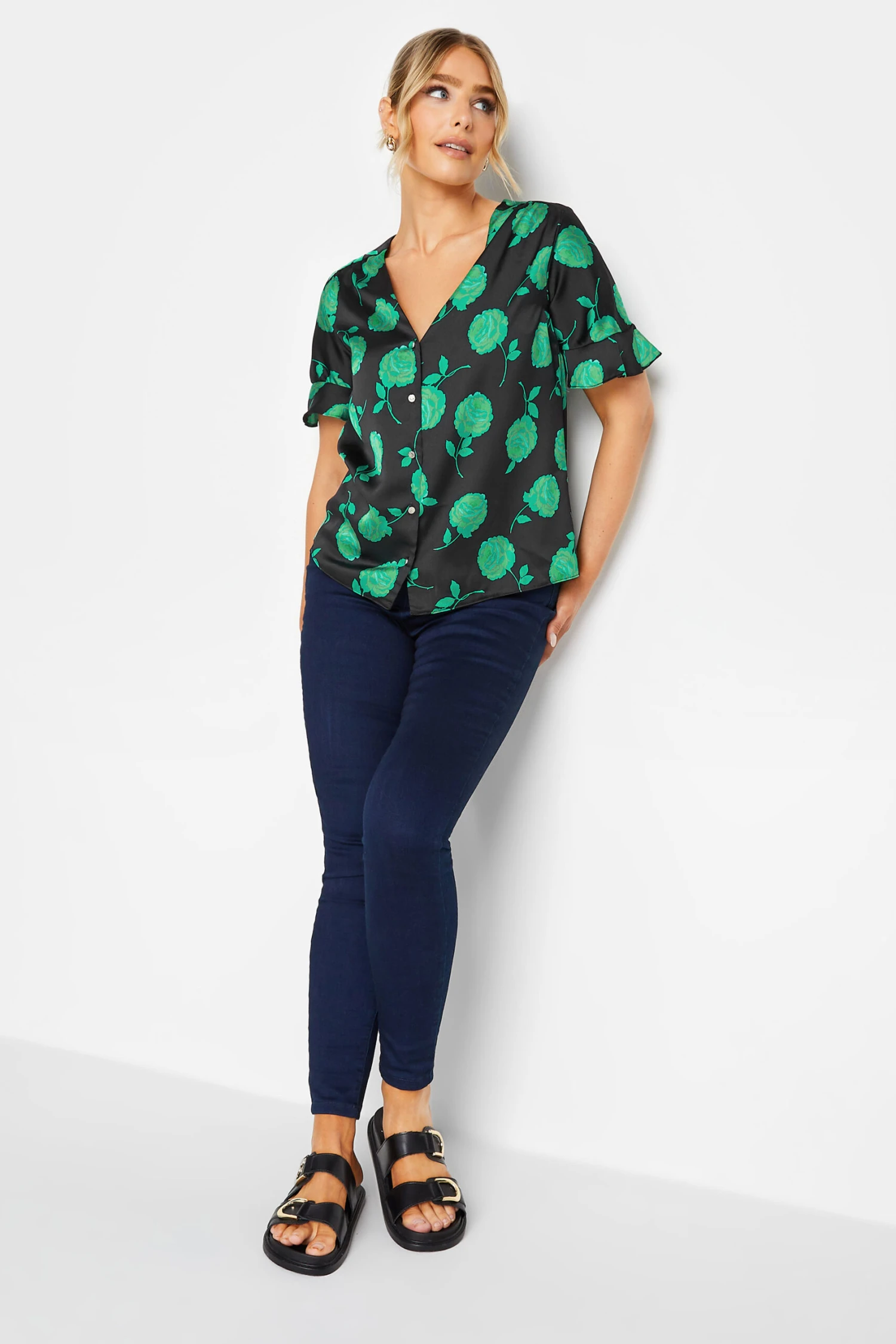 M&Co Black & Green Floral Print Frill Sleeve Blouse 2 M&Co Black & Green Floral Print Frill Sleeve Blouse - Image 2