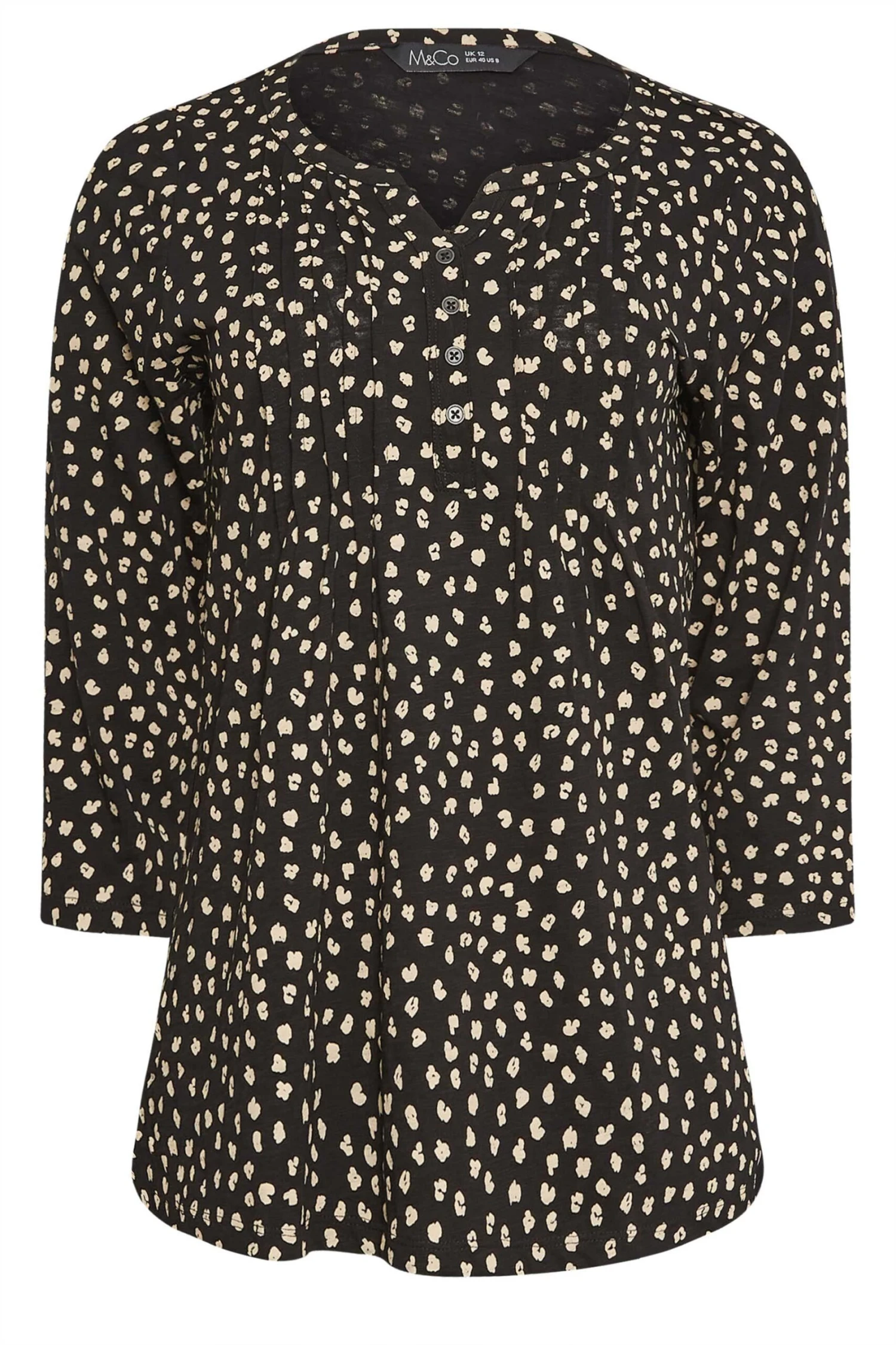 M&Co Black Spot Print Cotton Henley Top 1 M&Co Black Spot Print Cotton Henley Top