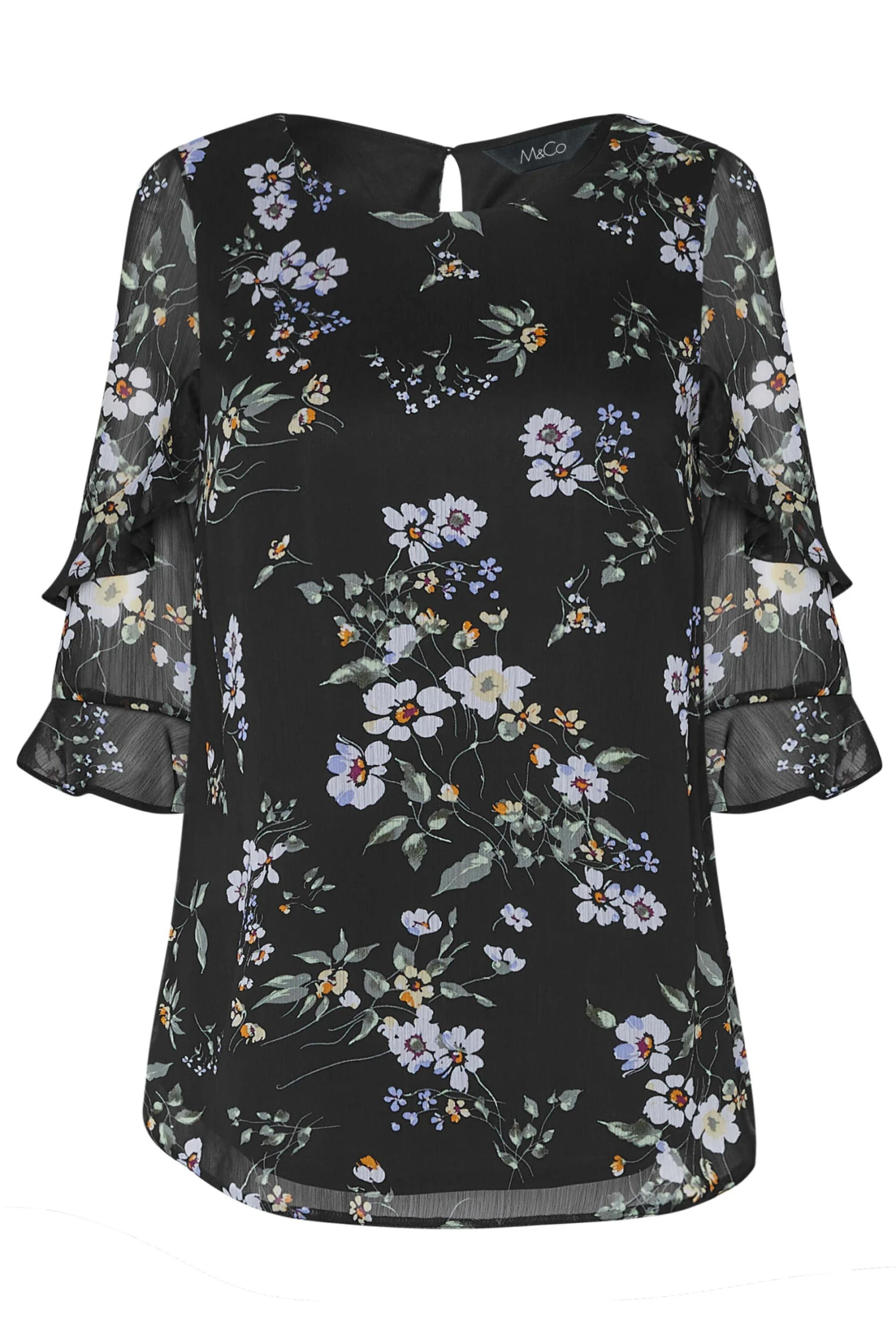 M&Co Black & White Floral Double Frill Sleeve Blouse 6 M&Co Black & White Floral Double Frill Sleeve Blouse - Image 6