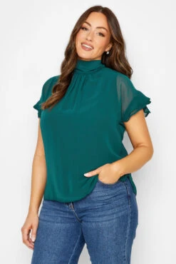 M&Co Green High Neck Frill Sleeve Blouse