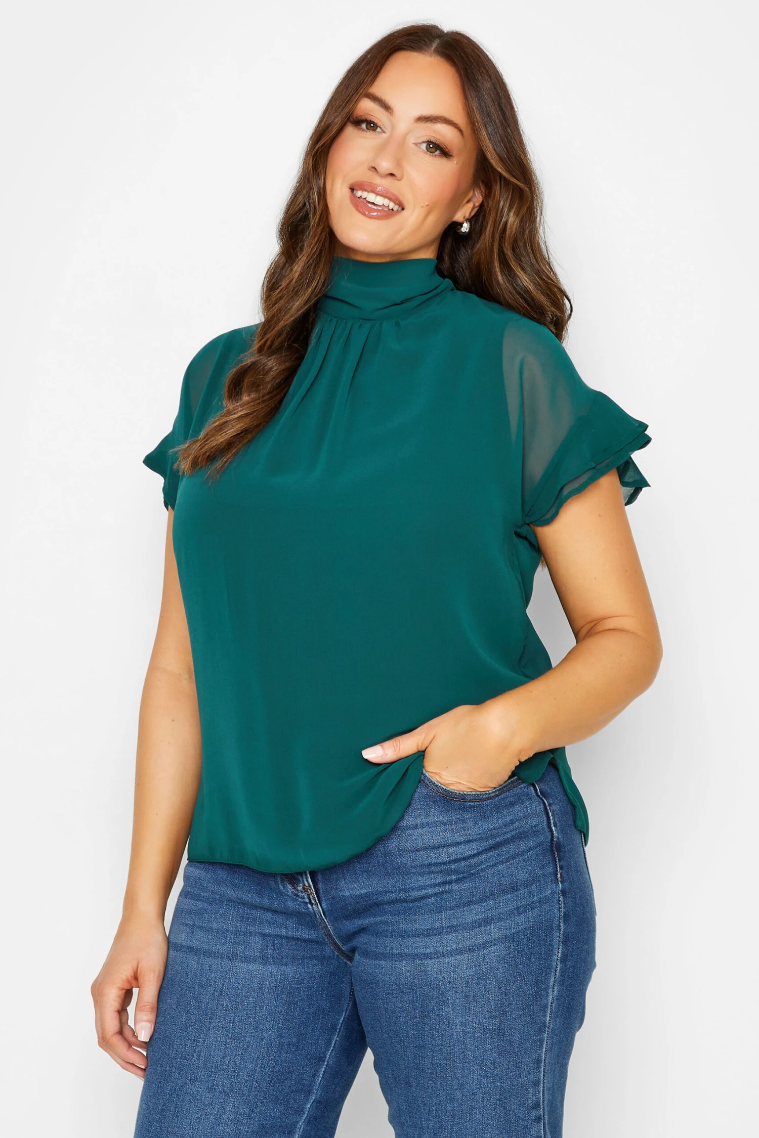 M&Co Green High Neck Frill Sleeve Blouse 1 M&Co Green High Neck Frill Sleeve Blouse