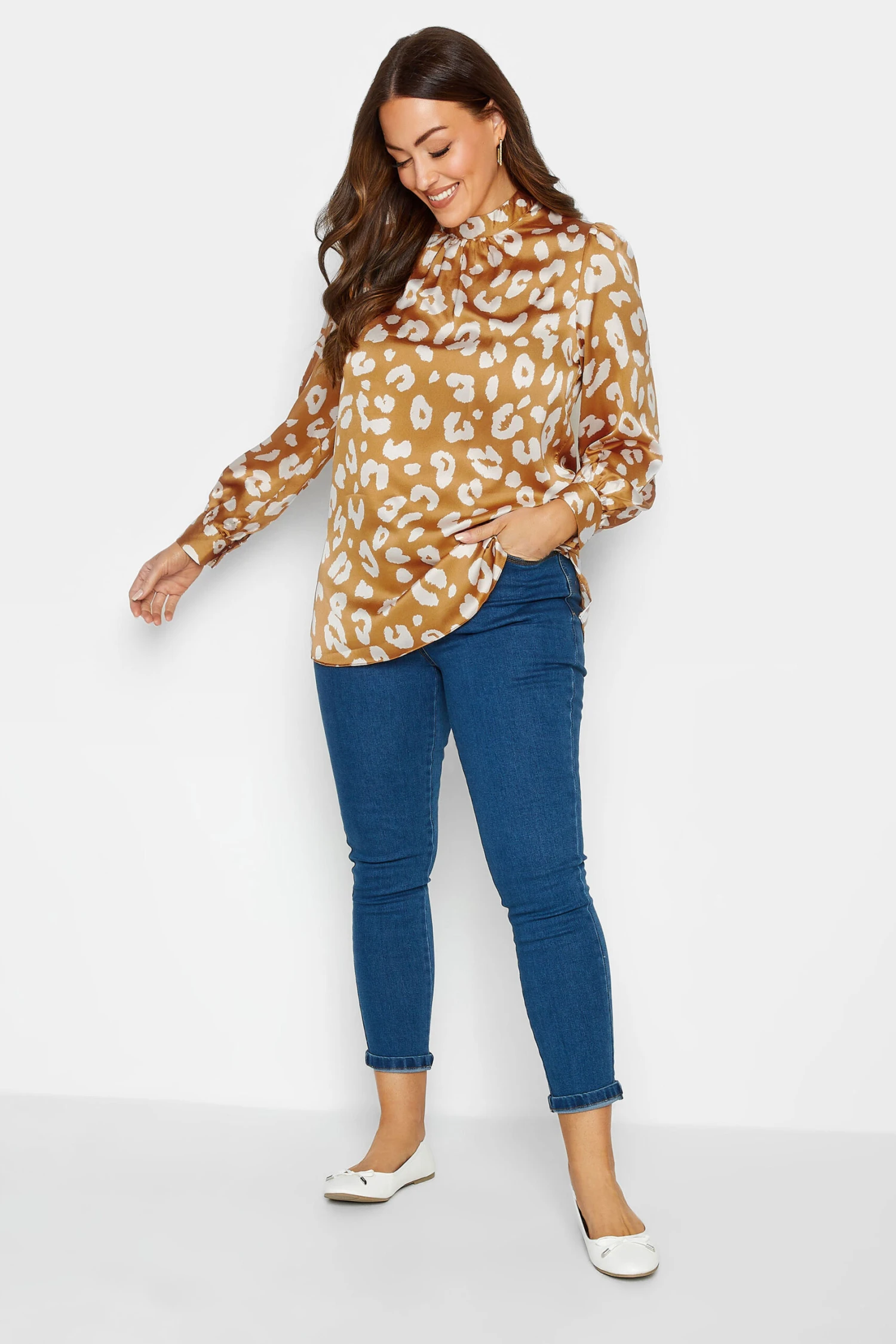 M&Co Orange Leopard Print High Neck Satin Blouse 2 M&Co Orange Leopard Print High Neck Satin Blouse - Image 2