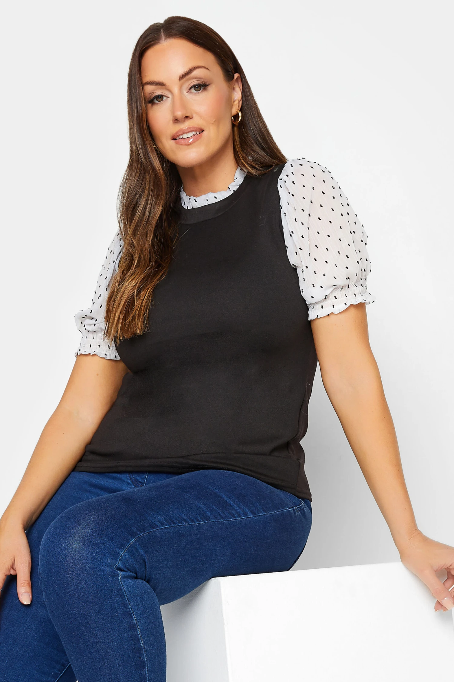 M&Co Black Dobby Sleeve Contrast Blouse 2 M&Co Black Dobby Sleeve Contrast Blouse - Image 2