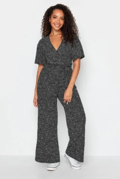 M&Co Black Spot Print Wrap Wide Leg Jumpsuit
