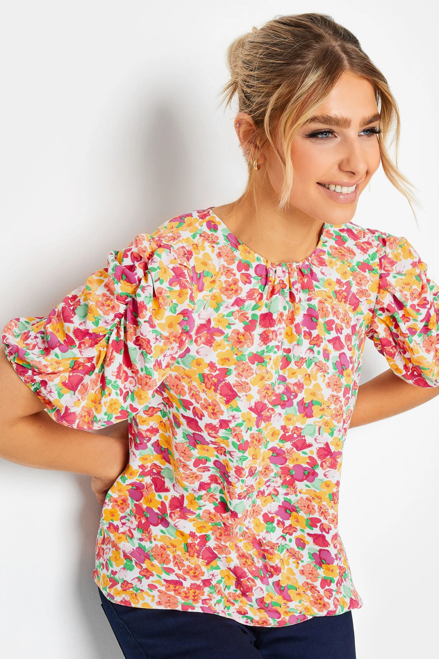 M&Co White & Pink Floral Print Puff Sleeve Blouse 1 M&Co White & Pink Floral Print Puff Sleeve Blouse