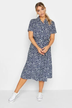 M&Co Navy Blue Ditsy Print Button Through Midi Dress