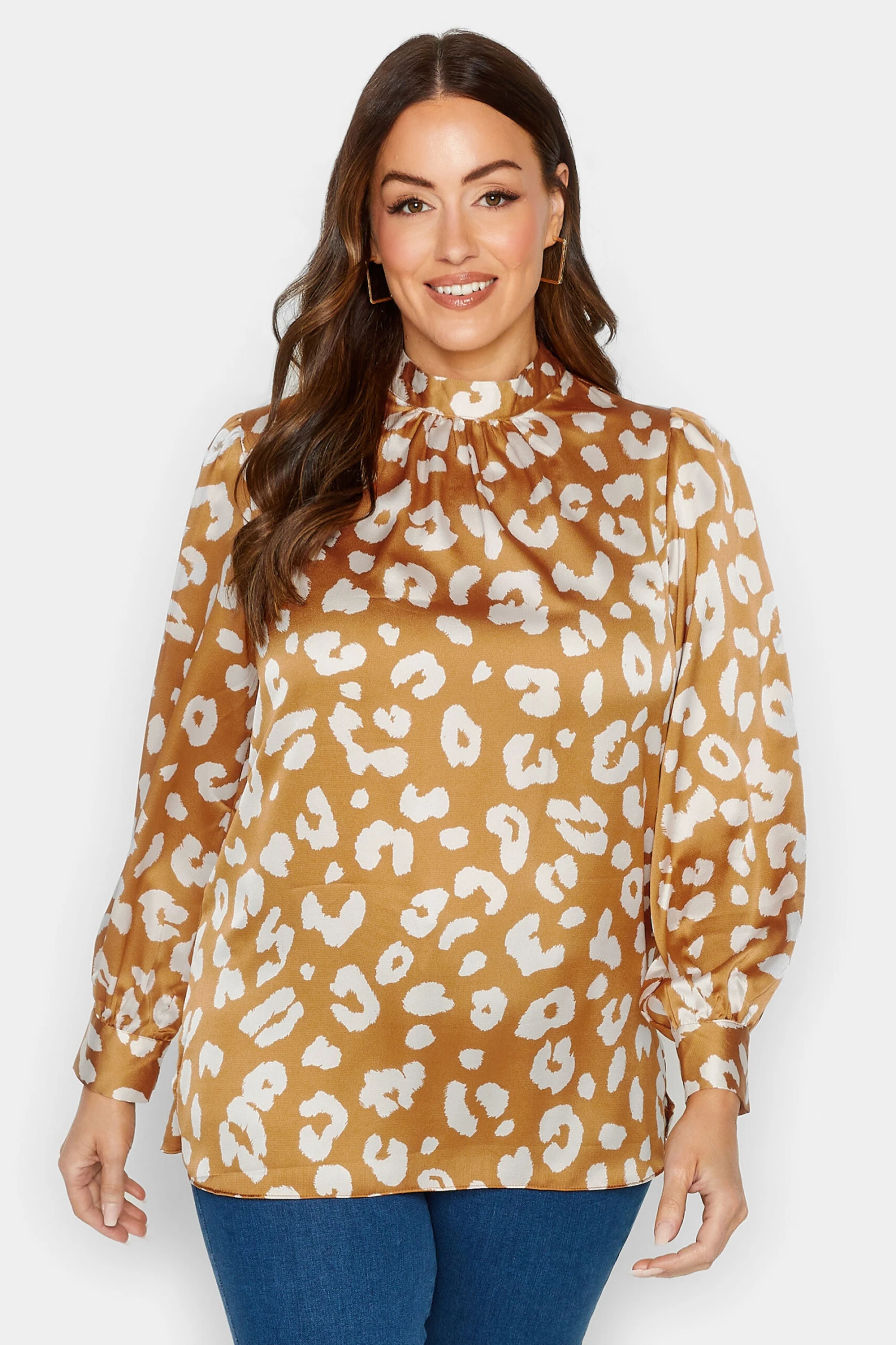 M&Co Orange Leopard Print High Neck Satin Blouse 1 M&Co Orange Leopard Print High Neck Satin Blouse